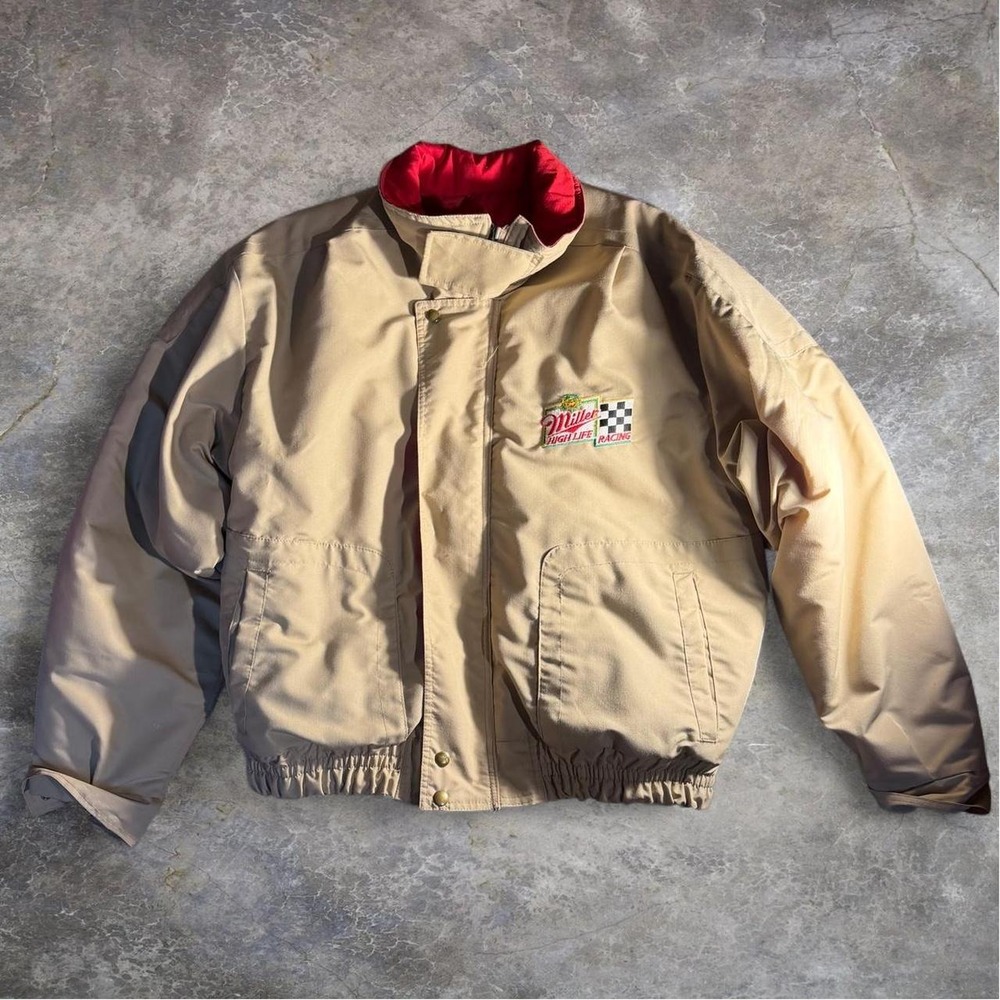 Vintage Miller High Life Racing Embroidered Beige Bomber Jacket Tan Mens XL